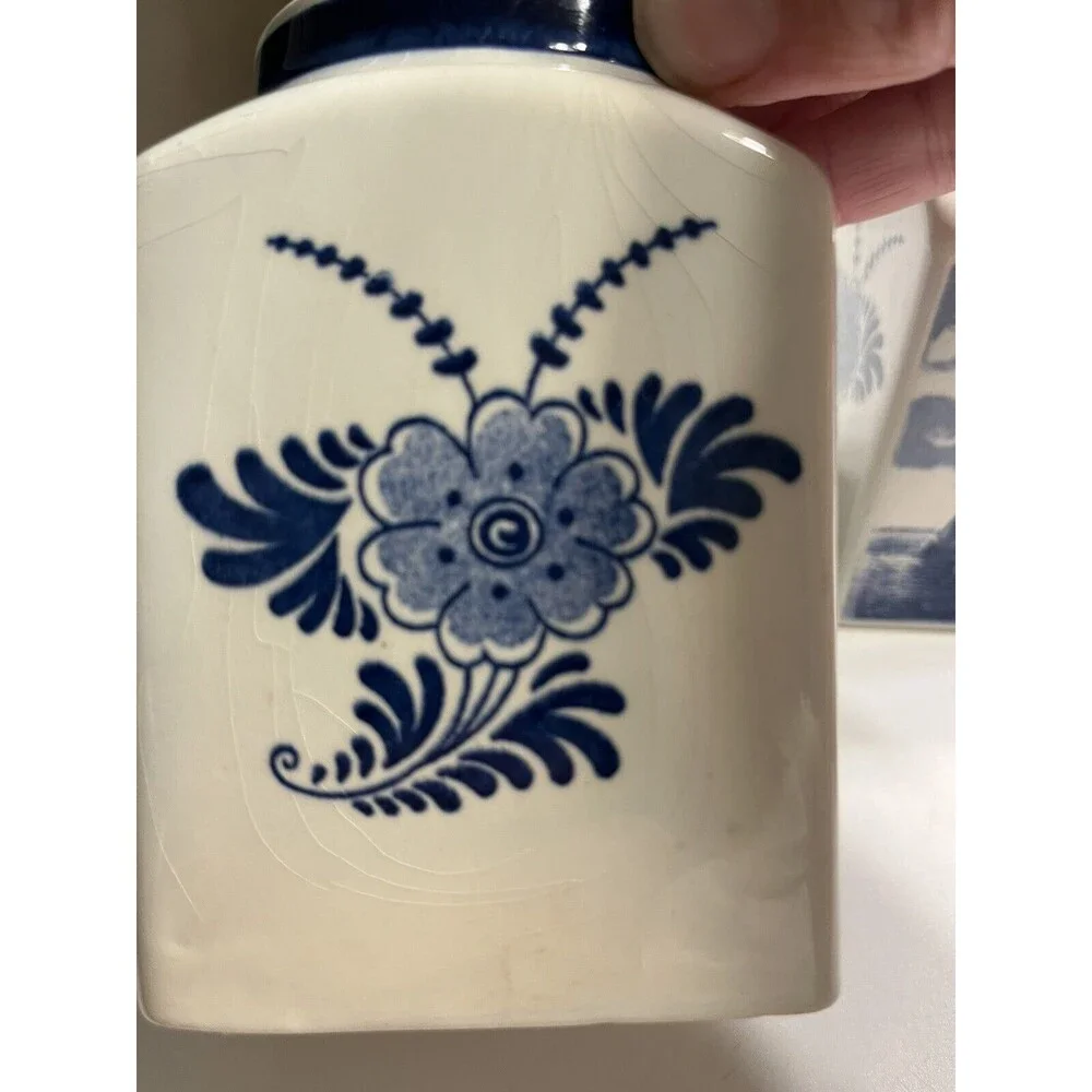 Pair of Delft Blue White Lidded Jars Spice Vanity Windmill Sailboat